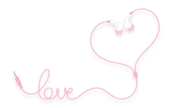 Auriculares, en el tipo de oído de color rosa y el amor texto hecho de cable — Vector de stock