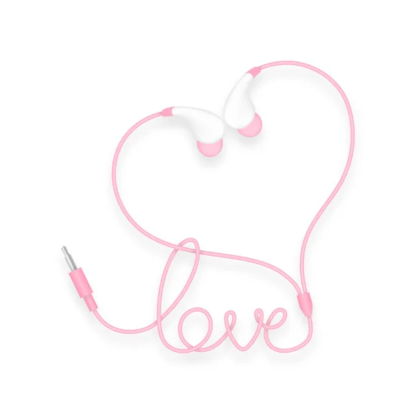 Earphones, In Ear type pink color and love text made from cable — Stock Vector