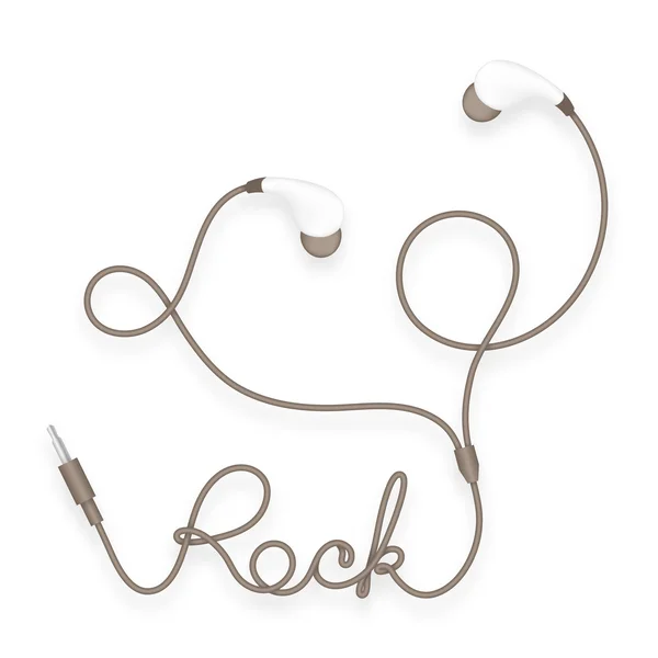 Słuchawki, w uchu wpisz brązowy kolor i tekst rock wykonane z kabla — Wektor stockowy