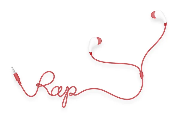 Earphones, In Ear type red color and rap text made from cable — Stock Vector