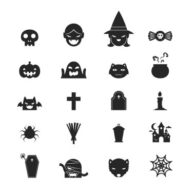 Siyah ve beyaz renk tasarımı Cadılar Bayramı Icons set