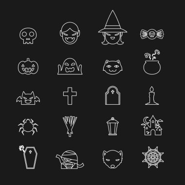 Siyah ve beyaz renkli sanat tasarım Cadılar Bayramı Icons set