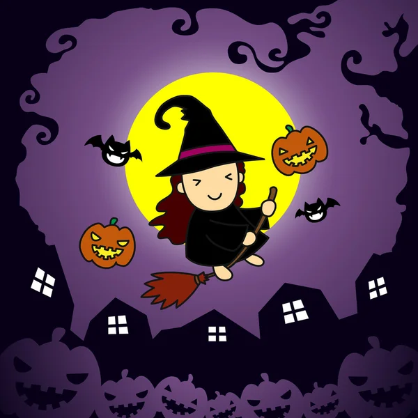 Bruja de Halloween, murciélago y cabeza de calabaza en pueblo nocturno — Vector de stock