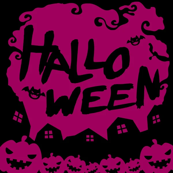 Halloween texto, morcego e cabeça de abóbora cor roxa — Vetor de Stock