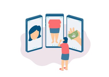 Sosyal mesafeler evde kalıyor, Minyatür minik insanlar internet üzerinden siber zorbalık, akıllı telefon sosyal medya konsepti afişi veya beyaz arka plan, kopyalama alanı, vektör alanı üzerine sosyal afiş ilanı