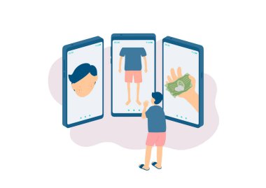 Sosyal mesafeler evde kalıyor, Minyatür minik insanlar internet üzerinden siber zorbalık, akıllı telefon sosyal medya konsepti afişi veya beyaz arka plan, kopyalama alanı, vektör alanı üzerine sosyal afiş ilanı