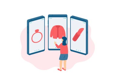 Sosyal mesafeler evde kalıyor, minyatür küçük kadın çevrimiçi alışveriş yapıyor, akıllı telefon e-ticaret başvuru konsepti afişi ya da beyaz arka planda sosyal afiş ilanı, uzay vektörünü kopyala