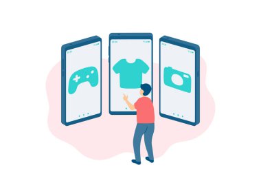 Sosyal mesafeler evde kalıyor, minyatür minyatür insanlar çevrimiçi alışveriş yapıyor, akıllı telefon e-ticaret uygulama kavramı poster ya da sosyal afiş tasarım illüstrasyonları beyaz arka planda, uzay vektörünü kopyalıyor