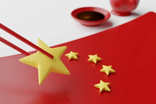 Louça Bandeira Chinesa Prato Pauzinho Colher Copo Molho Panela Renderização — Fotografia de Stock