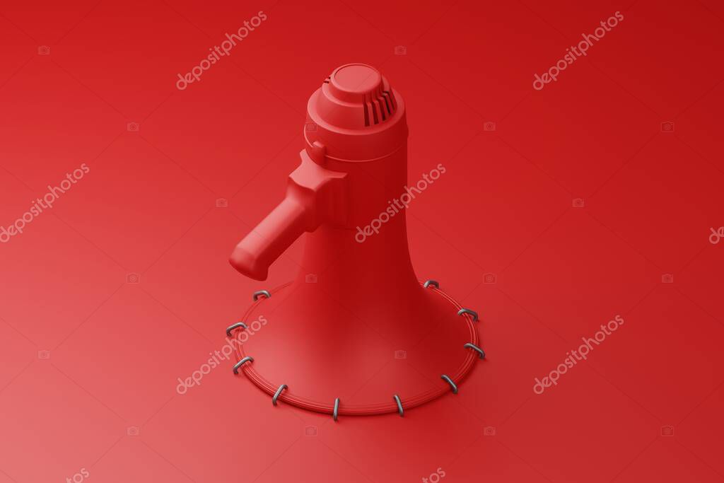Megáfono rojo palo en el suelo con Staples martillo representación 3D