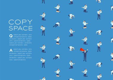 Megafon izometrik kalıplı işadamı konuşması, İşçi Sendikası posterini ve sosyal afiş tasarımı illüstrasyonunu mavi arkaplanda izole eden basın protestosu, vektör 10, kopyalama alanı