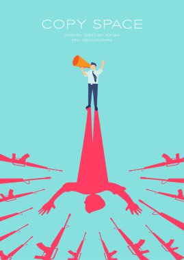 Megafon ve silah gölgesi tehdidi içeren işadamı konuşması, diktatörlük konsepti posterine ve dikey sosyal afiş tasarım illüstrasyonuna karşı basın protestosu mavi arka planda izole edilmiş, vektör 10