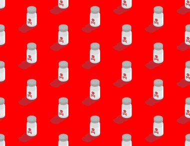 Çapraz kemik sembollü Isometrik dikişsiz covid-19 aşı şişesi, Aşı Kampanyası sorunu kırmızı arka planda izole edilmiş tehlikeli konsept tasarım çizimi