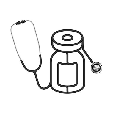 Stetoskop siyah rengi aşı şişesi logosu şeklinde, Covid-19 Aşı konsepti tasarımı çizimi arka planda, kopya alanı ile izole edilmiş