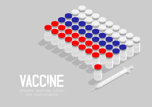アイソメトリックコヴィド 19ワクチンボトルと注射器 ロシア国旗の形 グローバルワクチンキャンペーン国の概念図コピースペースとグレーの背景に隔離 — ストックベクタ