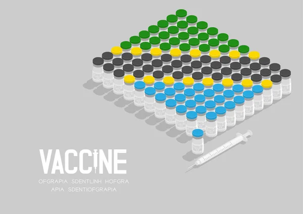 アイソメトリックコヴィド 19ワクチンボトルと注射器 タンザニア国旗形 グローバルワクチンキャンペーン国の概念図コピースペースとグレーの背景に隔離されたイラスト — ストックベクタ