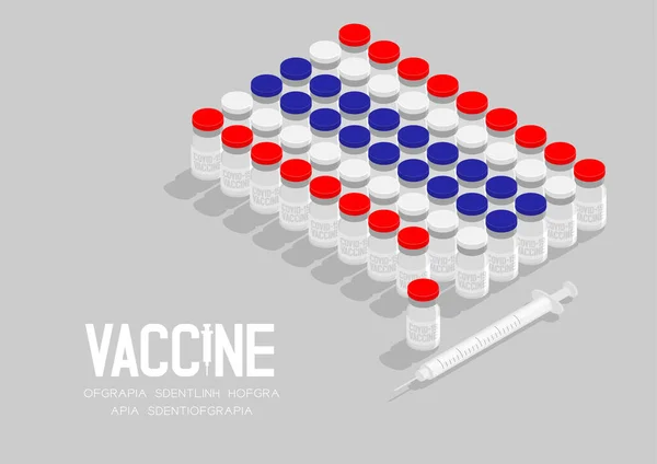 アイソメトリックコヴィド 19ワクチンボトルと注射器 タイ国旗の形 グローバルワクチンキャンペーン国の概念図コピースペースとグレーの背景に隔離されたイラスト — ストックベクタ