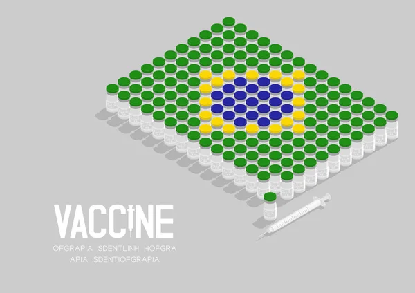 アイソメトリックコヴィド 19ワクチンボトルと注射器 ブラジル国旗の形 グローバルワクチンキャンペーン国の概念図コピースペースとグレーの背景に隔離 — ストックベクタ