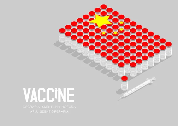 アイソメトリックコヴィド 19ワクチンボトルと注射器 中国国旗の形 グローバルワクチンキャンペーン国の概念図コピースペースとグレーの背景に隔離 — ストックベクタ
