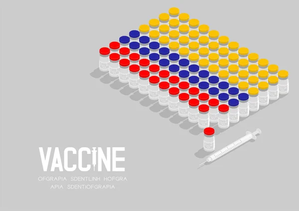 アイソメトリックコヴィド 19ワクチンボトルと注射器 コロンビア国旗の形 グローバルワクチンキャンペーン国の概念図コピースペースとグレーの背景に隔離されたイラスト — ストックベクタ