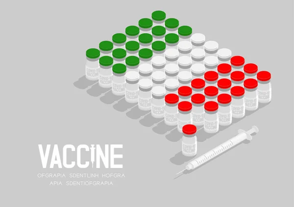 アイソメトリックコヴィド 19ワクチンボトルと注射器 イタリア国旗の形 グローバルワクチンキャンペーン国の概念図コピースペースとグレーの背景に隔離されたイラスト — ストックベクタ