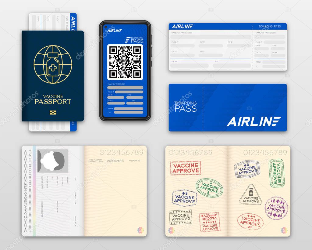 Vaccine passport covid-19 with logo bottle, syringe, global network, Smartphone with E Boarding pass, First class, Vaccination Campaign travel bubble concept design top view illustration isolated