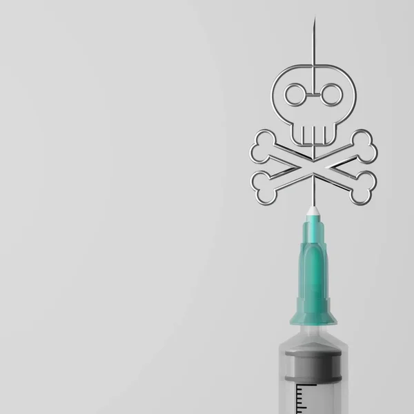 3Dレンダリングクロスボーンシンボルを持つCovid 19ワクチン注射器 問題危険性死亡予防接種キャンペーンコピースペースを持つ灰色の背景にパンデミックの概念設計からのハード免疫保護のためのキャンペーン — ストック写真