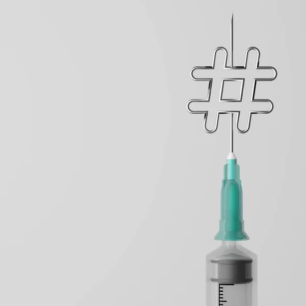3DレンダリングHashtagシンボルを持つCovid 19ワクチン注射器 オンラインソーシャルネットワーク予防接種キャンペーンコピースペースを持つ灰色のグラデーションの背景に群れの免疫保護パンデミックの概念設計のためのキャンペーン — ストック写真