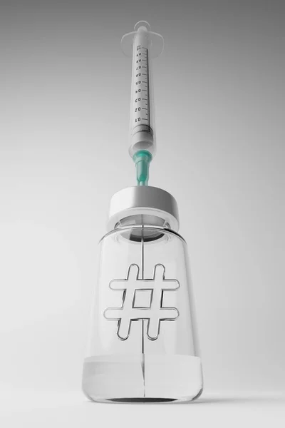 Rendering Covid Vaccine Syringe Hashtag Symbol Bottle Online Red Social —  Fotos de Stock