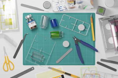 3D renging Covid-19 aşı şişesi Plastik Model oyuncağı ve Alet Kiti hobisi, Kriz kavramı tasarımı Beyaz arkaplan üzerinde beyaz arkaplan ile üst görünüm