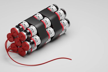 Isometric 3D görüntüleme Dinamit imha Covid-19 aşı şişesi, Herd bağışıklık koruma kampanyası salgın konsepti tasarımı beyaz arka plan, kopyalama alanı