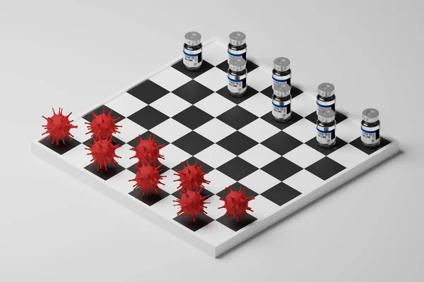 等距3D渲染Chess Covid 19疫苗瓶 白底带复制空间的牧群免疫保护概念设计战略接种运动 — 图库照片