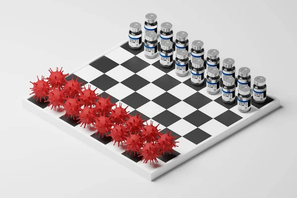 等距3D渲染Chess Covid 19疫苗瓶 白底带复制空间的牧群免疫保护概念设计战略接种运动 — 图库照片