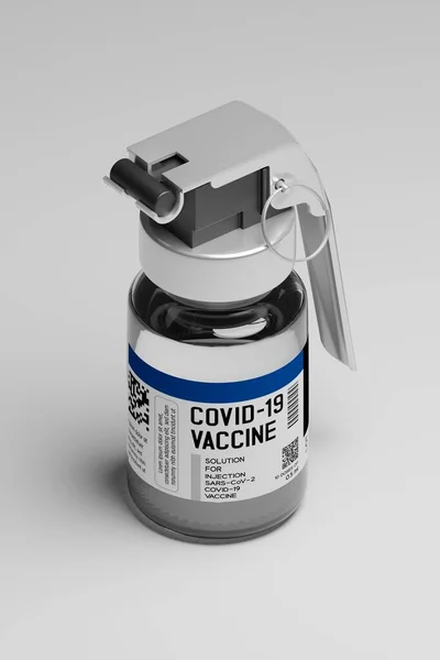 幾何学的な3Dレンダリング手グレネード破壊コヴィド 19ワクチンボトル パンデミックの概念設計からのハード免疫保護のための効果的なワクチンキャンペーン白い背景 コピースペース — ストック写真