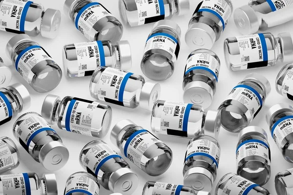 Изометрическое Трехмерное Рендеринг Covid Кучи Мрнк Бутылки Распространения Вакцинация Кампания — стоковое фото