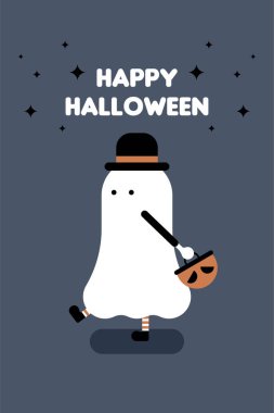 Sevimli Beyaz Hayalet Minimalist Cadılar Bayramı İllüstrasyonu. Sevimli Beyaz Hayalet ve Neşeli Elementlerle Minimalist Cadılar Bayramı Tasarımı