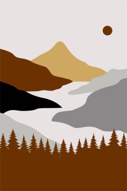 Çağdaş dağ boho arka plan illüstrasyonu. Düz manzara dağ manzaralı duvar dekorasyonu.