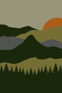 Çağdaş dağ boho arka plan illüstrasyonu. Düz manzara dağ manzaralı duvar dekorasyonu.