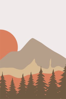 Çağdaş dağ boho arka plan illüstrasyonu. Düz manzara dağ manzaralı duvar dekorasyonu.