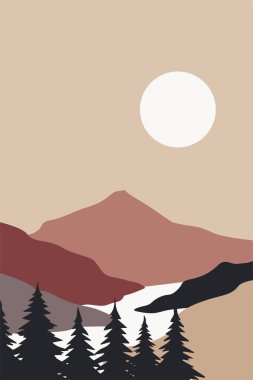 Çağdaş dağ boho arka plan illüstrasyonu. Düz manzara dağ manzaralı duvar dekorasyonu.