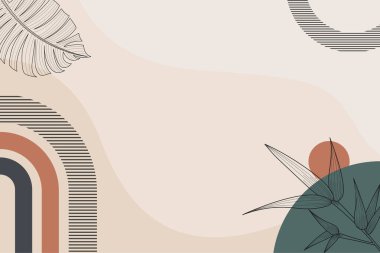 Soyut boho botanik çerçeve arka planı, en az çiçek çizgisi sanatı ve toprak tonlarında organik şekiller. Davetiyeler, tebrik kartları, posterler, damgalama ve metin düzeni için ideal.