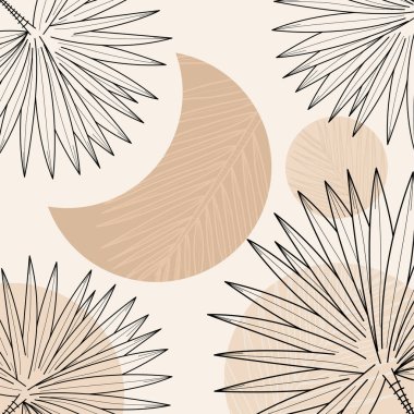 Elle çizilmiş yapraklar, organik şekiller ve modern duvar dekoru ve arka plan için nötr toprak tonu renkleri içeren minimal boho botanik çizimi.