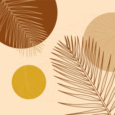 Elle çizilmiş yapraklar, organik şekiller ve modern duvar dekoru ve arka plan için nötr toprak tonu renkleri içeren minimal boho botanik çizimi.