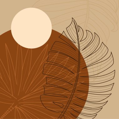 Elle çizilmiş yapraklar, organik şekiller ve modern duvar dekoru ve arka plan için nötr toprak tonu renkleri içeren minimal boho botanik çizimi.