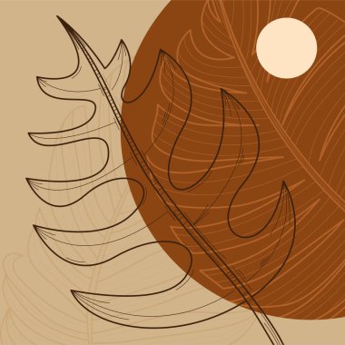 Elle çizilmiş yapraklar, organik şekiller ve modern duvar dekoru ve arka plan için nötr toprak tonu renkleri içeren minimal boho botanik çizimi.