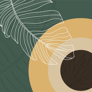 Elle çizilmiş yapraklar, organik şekiller ve modern duvar dekoru ve arka plan için nötr toprak tonu renkleri içeren minimal boho botanik çizimi.