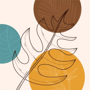 Elle çizilmiş yapraklar, organik şekiller ve modern duvar dekoru ve arka plan için nötr toprak tonu renkleri içeren minimal boho botanik çizimi.