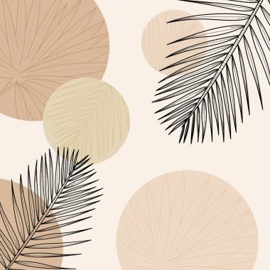 Elle çizilmiş yapraklar, organik şekiller ve modern duvar dekoru ve arka plan için nötr toprak tonu renkleri içeren minimal boho botanik çizimi.