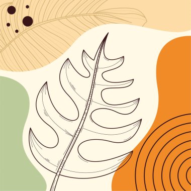 Elle çizilmiş yapraklar, organik şekiller ve modern duvar dekoru ve arka plan için nötr toprak tonu renkleri içeren minimal boho botanik çizimi.