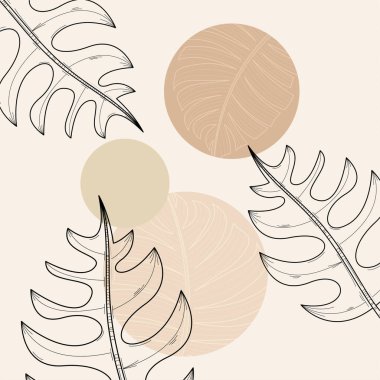 Elle çizilmiş yapraklar, organik şekiller ve modern duvar dekoru ve arka plan için nötr toprak tonu renkleri içeren minimal boho botanik çizimi.